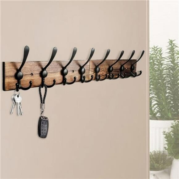 Rustic Wall Mounted Coat Rack with Hooks Wood Towel Hanger Entryway Shelf - Picture 6 of 8